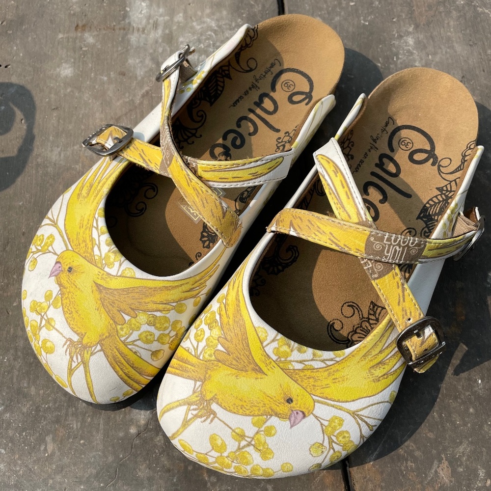 Yellow Bird print slip on mules